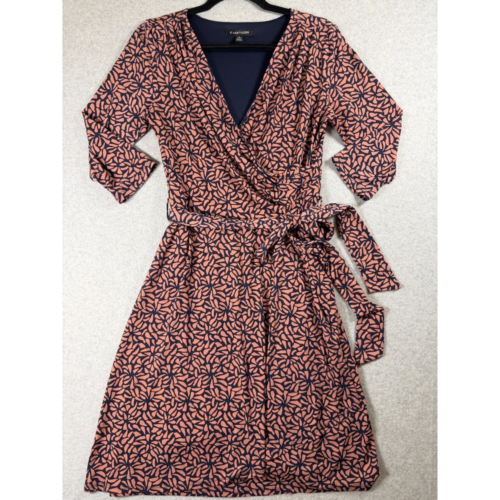 41 Hawthorn Womens  Sz M Coral Navy Blue Geometric Print Faux Wrap Dress SKU 288